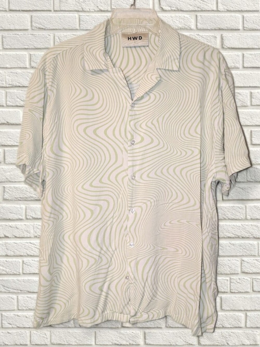 HWD Lime Green & White Wavy Trippy Psychedelic 70s Design Button Shirt Size L